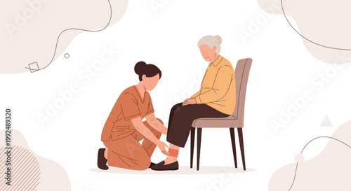 Nurse helping elderly woman with ankle bandage, home care, medical assistance