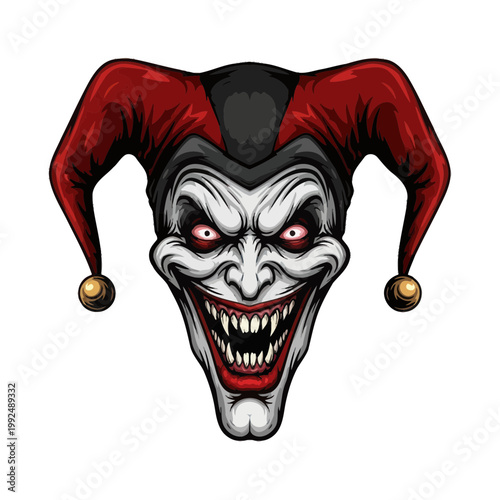 Scary Joker Face with Evil Grin and Red Eyes, Horror Character Illustration