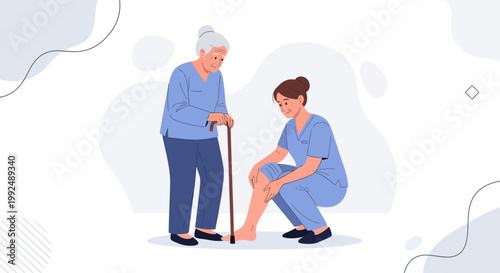 Nurse helping elderly woman with walking stick, knee pain, medical care concept