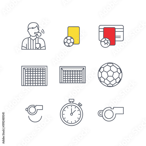 Soccer Referee Icons: Whistle, Cards, Goal Net, Stopwatch, Ball