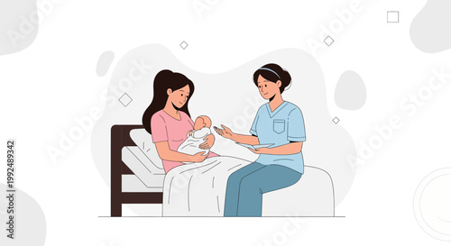 Nurse Helping Mother With Newborn Baby in Hospital Bed, Motherhood Care