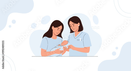 Nurse Helping Mother With Newborn Baby, Postpartum Care, Maternity Support