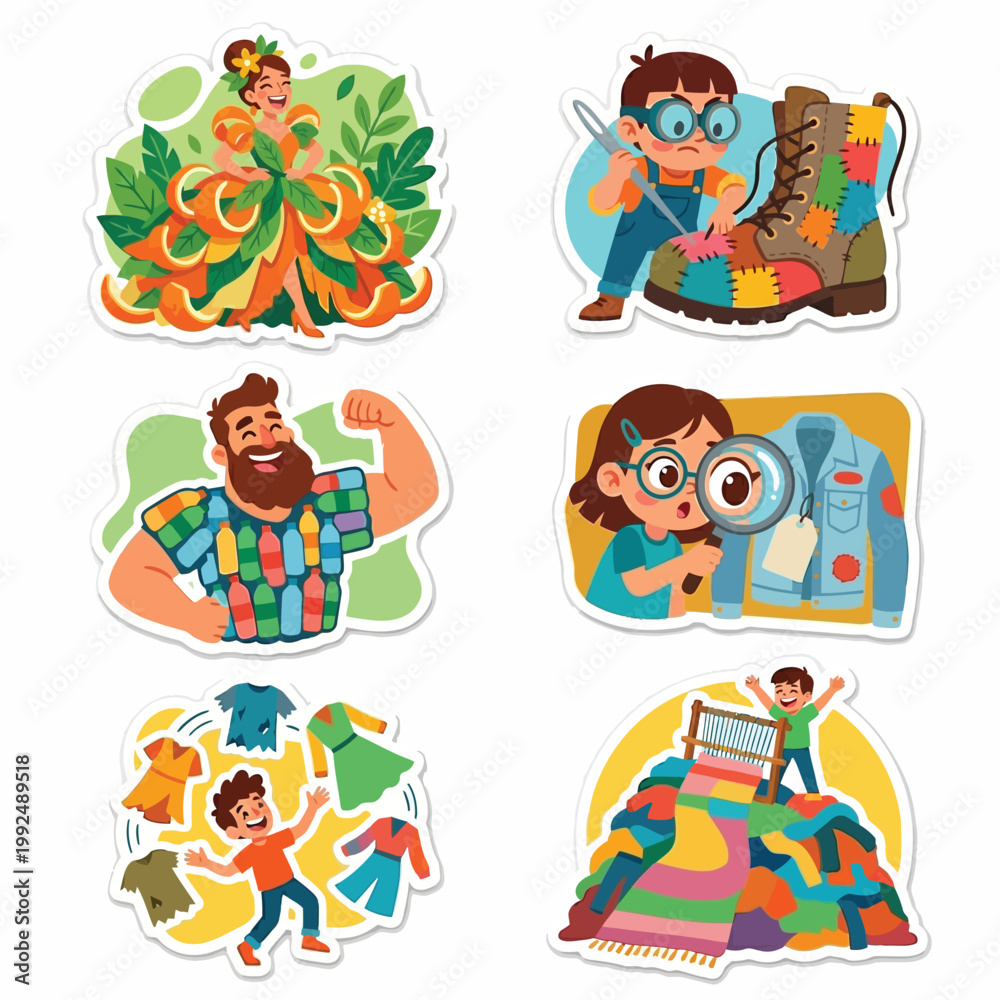 Fototapeta premium Cute 2D Stickers Of People Building Bamboo Bee Hotels And Offering Tea To Giant Fuzzy Bumblebees For World Environment Day Pollinator Protection Biodiversity And Nature Conservation Concept Art