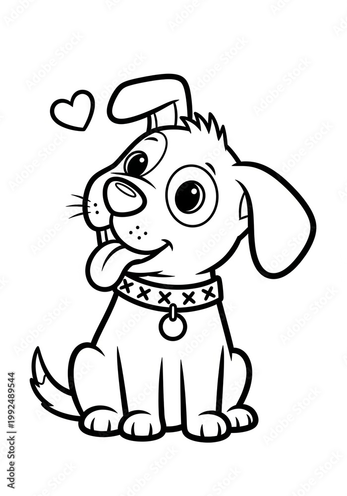 Obraz premium This image features a cute dog with a heart above its head, perfect for a fun coloring page activity. The dog is depicted in a black and white illustration, with a sweet and adorable express