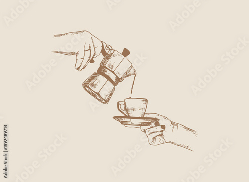 Sketch style coffee and desserts doodle collection. Coffee pot in hands. Art for greeting cards, restaurant menu, poster design, postcards, branding, logo design, patterns.
