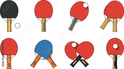 Set of table tennis rackets with balls in different angles and styles isolated on white background ping pong sport vector illustration