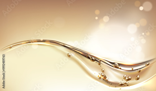 高級感あふれるゴールドの液体がなめらかに流れるラグジュアリー背景、輝きと透明感が美しい美容・化粧品イメージの抽象バナー素材