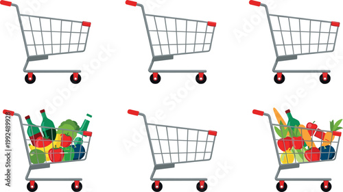 Shopping cart collection set empty and full grocery trolley supermarket retail vector illustration isolated design elements