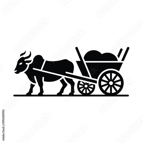 Simple black silhouette of an ox pulling a small farm cart