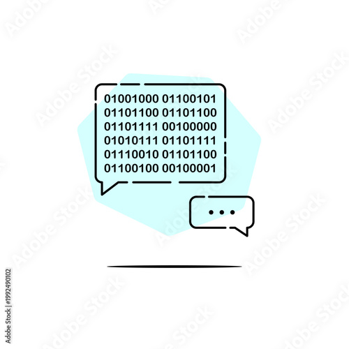 A minimalist line art illustration of two chat bubbles, one filled with binary code and one with a typing indicator, against a soft teal hexagonal spot color backdrop.