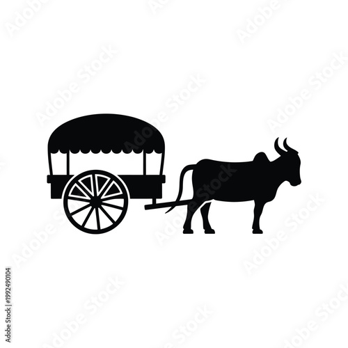 Silhouette of a bull pulling a traditional covered cart simple design