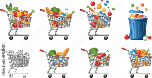 Shopping cart with groceries collection set supermarket trolley full of food vegetables fruits and products vector illustration