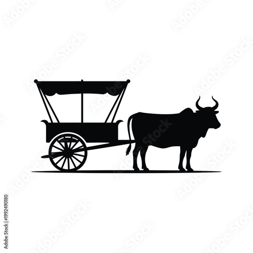 Black silhouette of an ox drawn carriage a traditional transport method