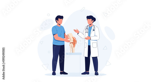 Doctor explaining knee joint anatomy to patient with medical model