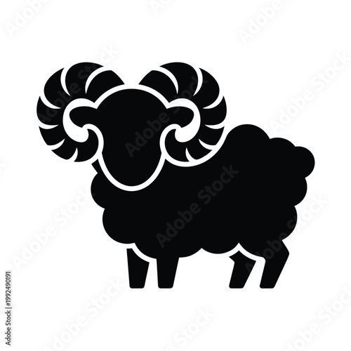 Black and white illustration of a ram with large curled horns
