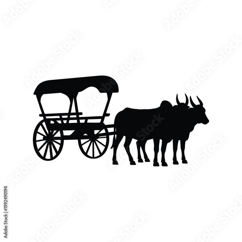 Silhouette of a horse drawn carriage and oxen in a simple design