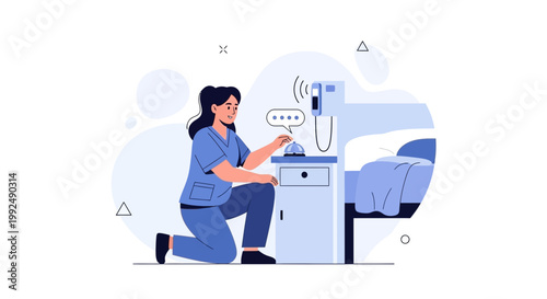 Nurse pressing call button in hospital room next to patient bed