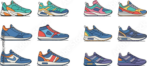 Sport sneakers collection set modern running shoes colorful athletic footwear vector illustration isolated design elements