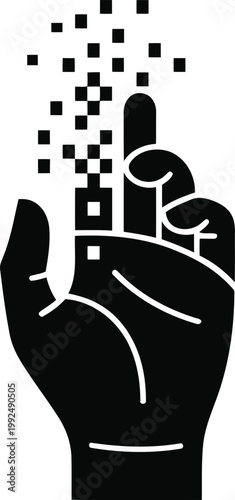 Black hand with pixels rising from finger tips