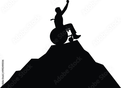 Silhouette of a person in wheelchair on mountain peak triumphantly