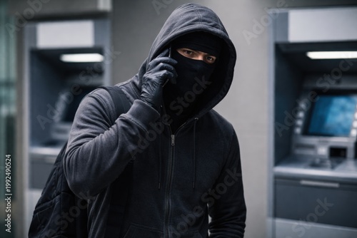 Concealed individual involved in ATM fraud, highlighting risks of cybercrime and security breaches in financial systems.