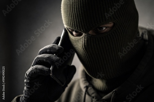 Masked individual using mobile phone highlights cybercrime and security concerns around anonymous digital communication.