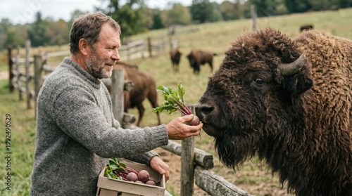 A farmer feeds a bison on pasture, showcasing sustainable agriculture and livestock care in rural settings.