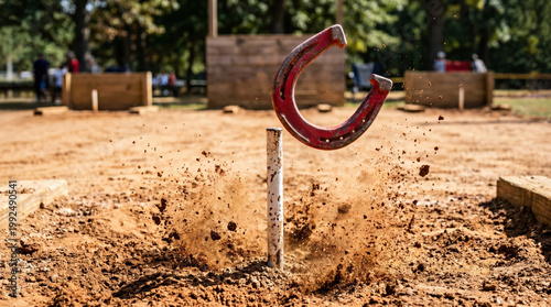 Horseshoe flying towards stake, displaying skill and precision. Represents leisure, focus, and friendly competition outdoors.