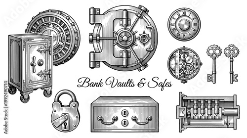 Vintage Bank Vaults and Safes Vector Illustration Set, Antique Security Strongbox, Padlock, and Key Collection in Engraving Style