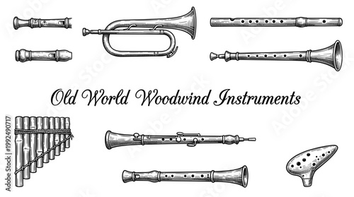 Vintage Hand Drawn Collection of Old World Woodwind and Brass Musical Instruments Engraving Style Vector Illustration