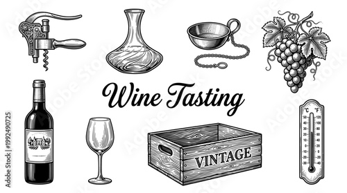 Vintage Wine Tasting Illustration Set with Bottle, Glass, Decanter, Corkscrew, Grapes, and Wooden Crate in Engraving Style