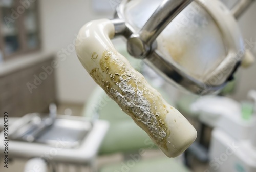Close-up of salon trolley divider indent with thick opaque hair dye paste and grime