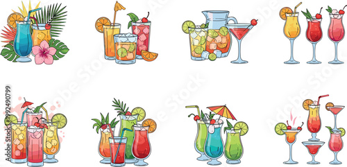 Tropical cocktail drinks collection set with fruits garnishes and colorful beverages summer party vector illustration isolated design elements