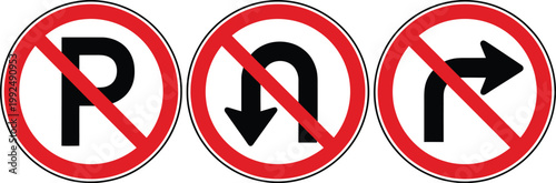 No parking no u turn no right turn traffic signs prohibition road safety symbols clear regulatory icons design