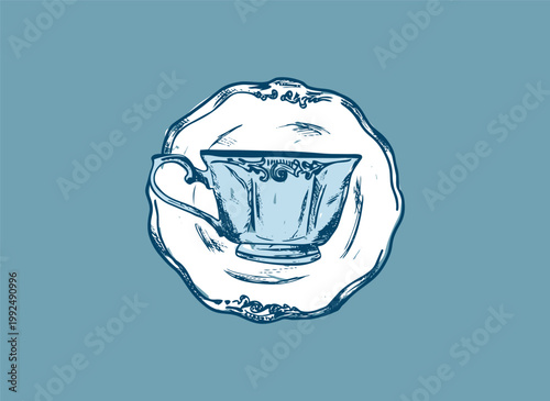 Vintage teacup with saucer engraving style. Illustration for invitations, stationery, or branding. Dinner icon for party invitations. Elegant whimsical artwork for tableware design, menus, branding