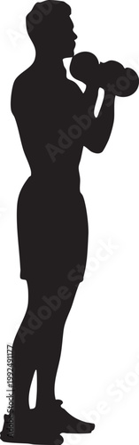 A focused side view silhouette of a muscular man performing dumbbell curls during a workout.