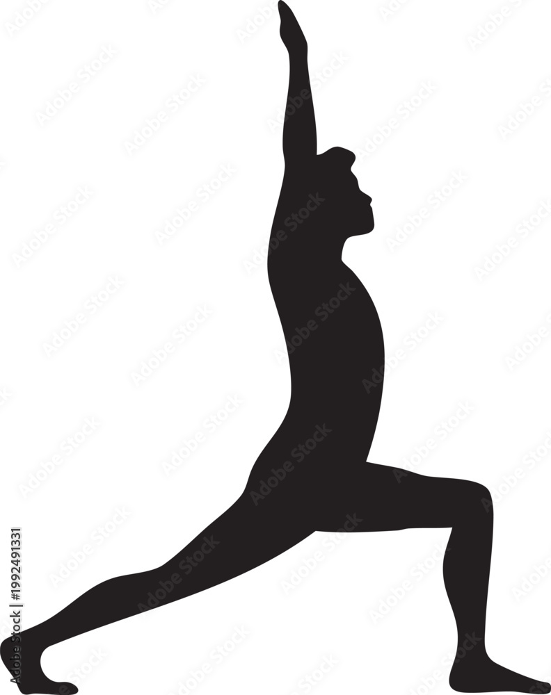 Fototapeta premium A focused male silhouette performs a graceful yoga warrior I pose, reaching energetically towards the sky in profile.