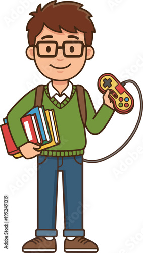 Cartoon student holding books and a video game controller, representing a balance between education and gaming hobbies.
