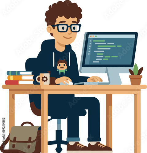 Cartoon programmer working at a desk with a computer displaying code, surrounded by books and study materials in a modern workspace.