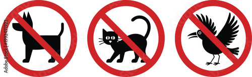 No pets allowed sign illustration prohibition symbol with cat dog bird silhouettes restricted animals public area notice design