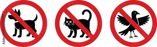 No pets allowed sign illustration prohibition symbol featuring cat dog bird silhouettes restriction notice for public places safety symbol