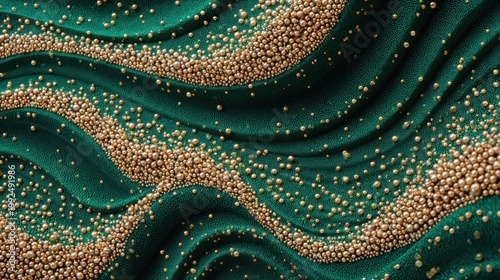An abstract wave of tiny flowers made of pearls and gold dust. Deep dark green velvet background. Luxurious 3D sculptural relief