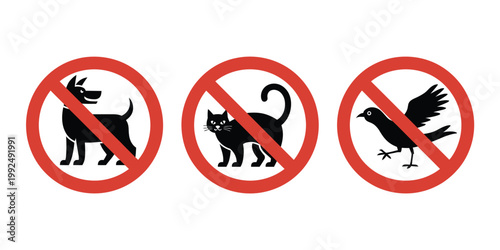 No pets allowed sign illustration prohibition symbol with animal silhouettes cat dog bird restriction signage for public access areas