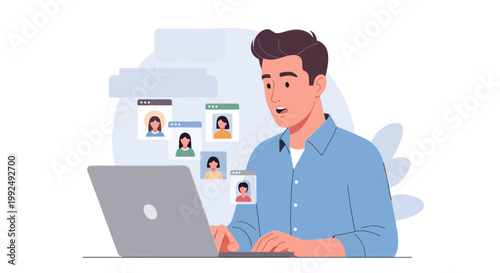 A man works online with business workflow on laptop in office