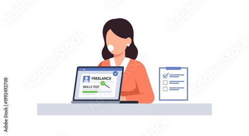 A woman uses her laptop to manage online business workflow at office desk.