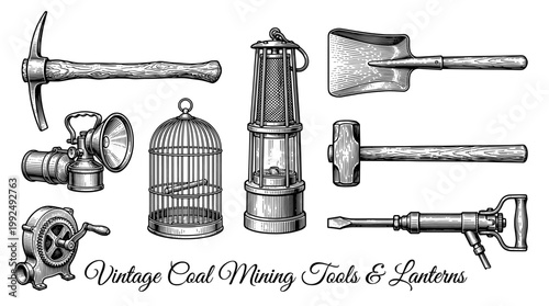 Vintage Coal Mining Tools and Lanterns Collection, Retro Engraving Style Vector Illustration of Industrial Equipment Including Pickaxe, Shovel, Safety Lamp, Birdcage, and Jackhammer