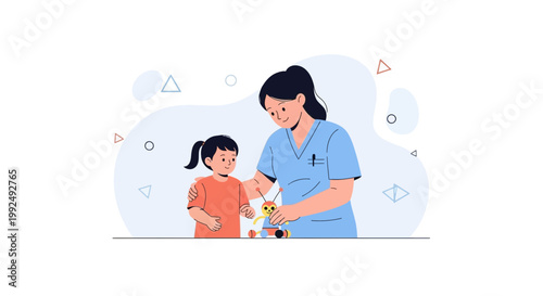 Nurse playing with a child, illustration of healthcare and childhood development