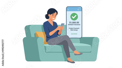 A woman relaxes on a couch with a phone and document in an online business workflow setting.