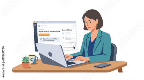 Businesswoman working online at desk with laptop and workflow