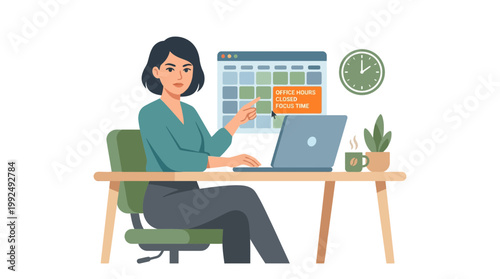 Businesswoman engaged in online workflow sitting at desk with laptop and calendar
